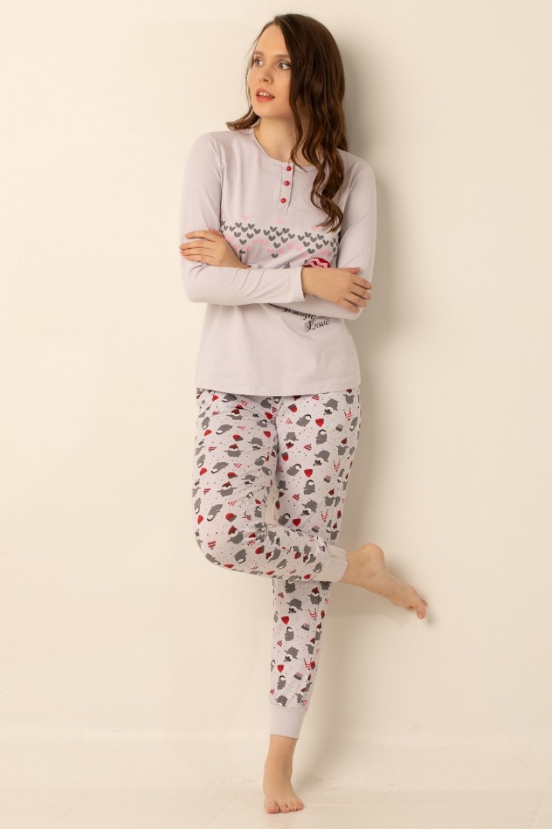 Pamuklu Bayan Pijama Takımı Gri Pamuklu Bayan Pijama Takımı Gri
