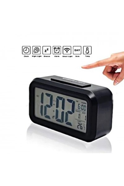 Dijital Masa Saati Fotoselli Alarmlı Işıklı Termometre Takvim Çalar Saat Siyah Dijital Masa Saati Fotoselli Alarmlı Işıklı Termometre Takvim Çalar Saat Siyah