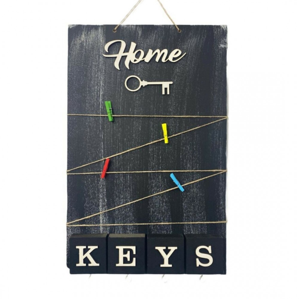 Home Keys Ahşap Dekoratif Anahtarlık Askılı Mandallı Pano Notluk Siyah