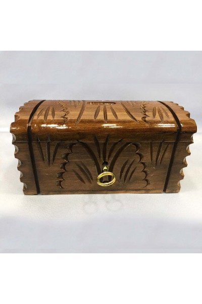 Ahşap Ceviz El Oyması Anahtarlı Sandık Bombeli Kumbara 