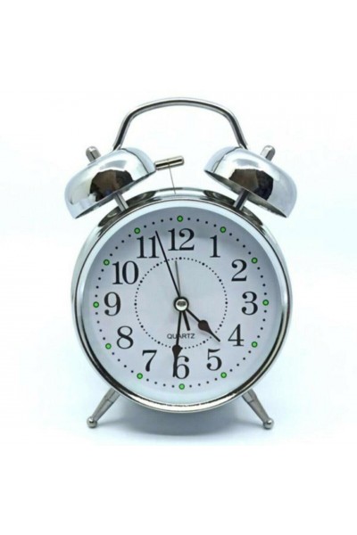 Nostaljik  Metal Büyük Boy Çift Çanlı Fosforlu Işıklı Çalar Saat Gümüş