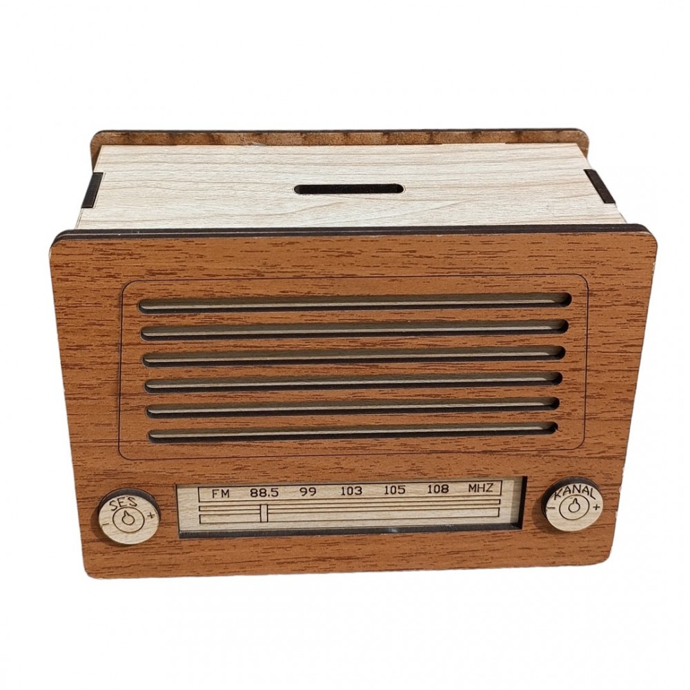Dekoratif Ahşap Radyo Görünümlü Nostaljik Kumbara Kahverengi
