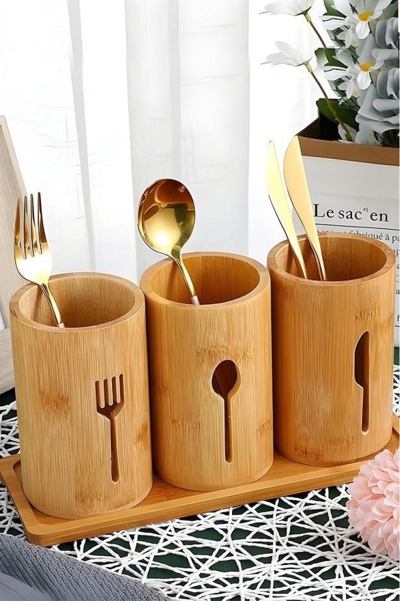Bambu Tezgah Üstü Kaşıklık 3lü Organizer Set
