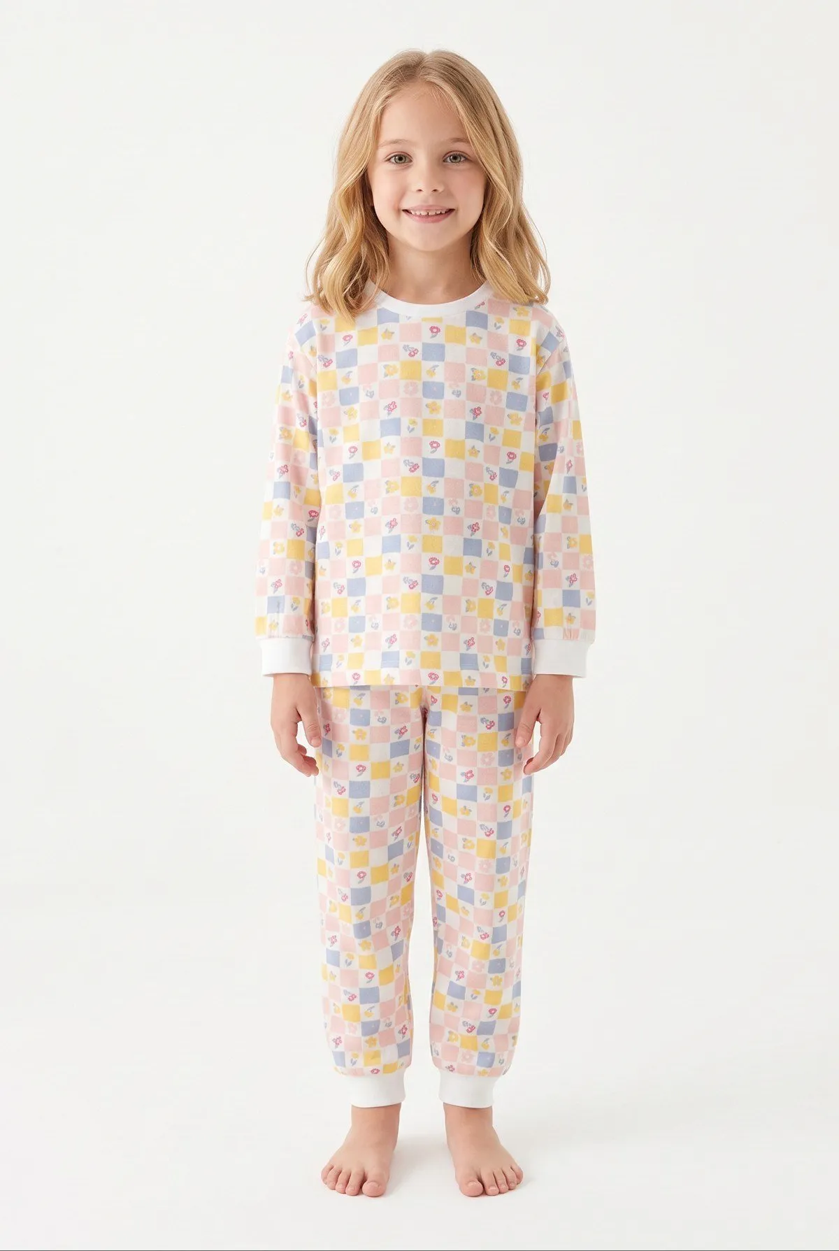 Kız Çocuk Kareli Çiçekli Pamuklu Pijama Takımı - Çok Renkli — görsel 1