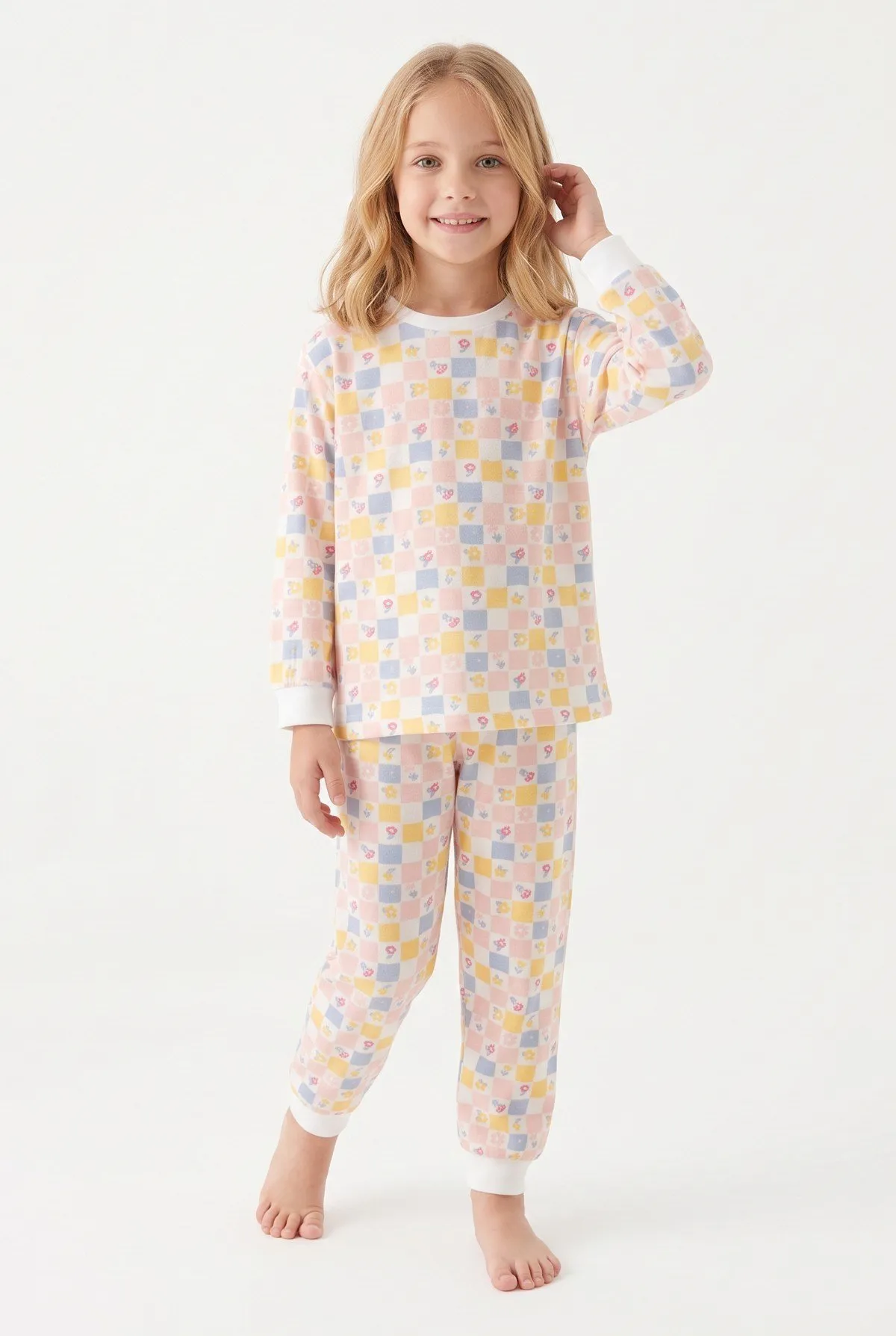 Kız Çocuk Kareli Çiçekli Pamuklu Pijama Takımı - Çok Renkli — görsel 2 · PJ-C5005-CR