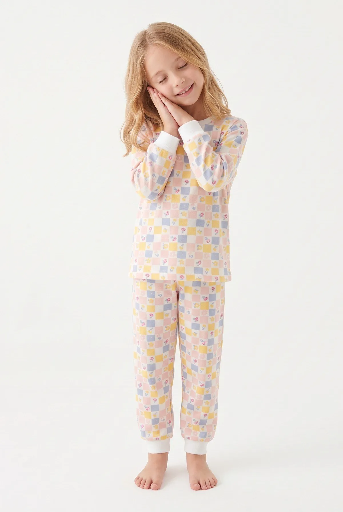 Kız Çocuk Kareli Çiçekli Pamuklu Pijama Takımı - Çok Renkli — görsel 3 · PJ-C5005-CR