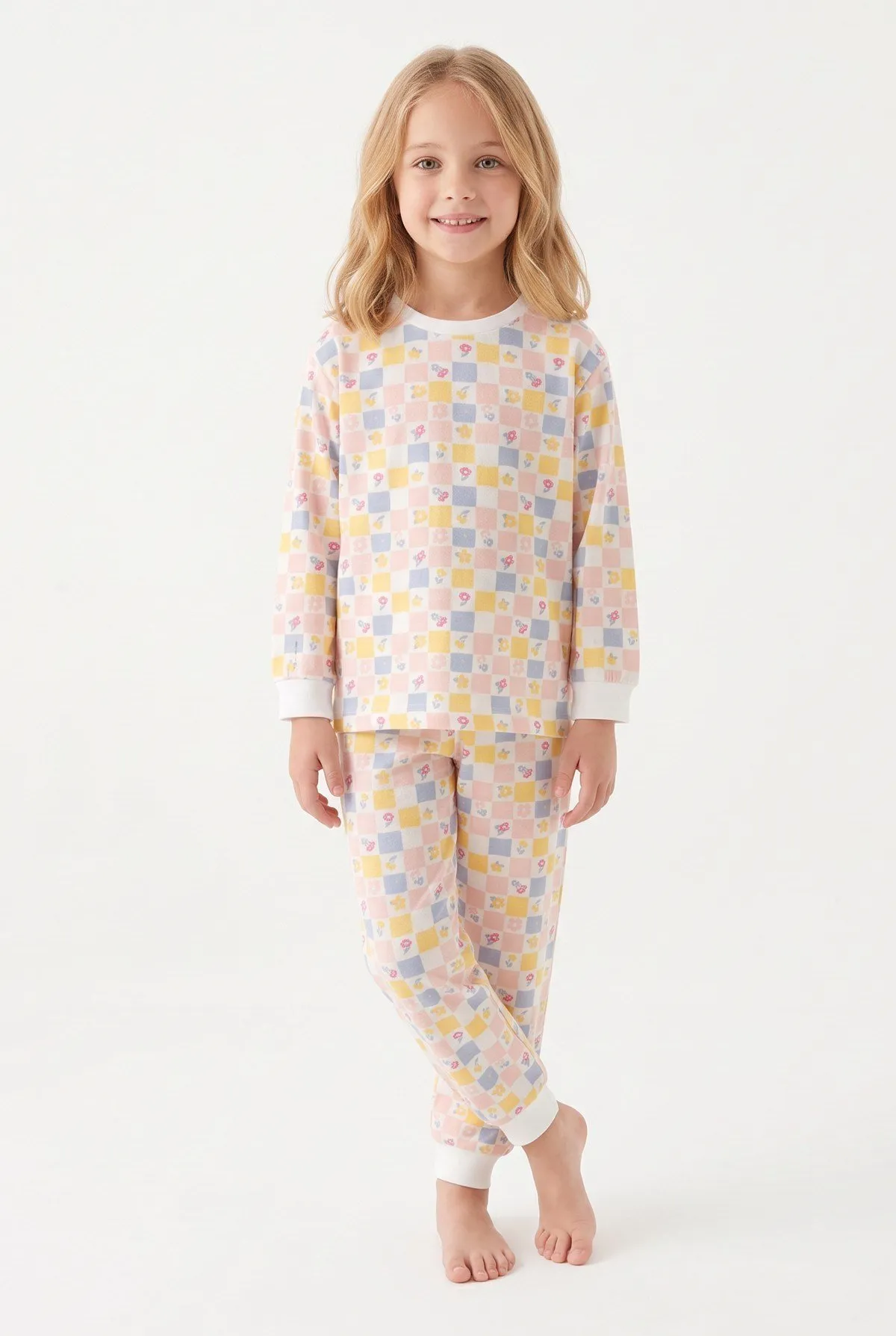 Kız Çocuk Kareli Çiçekli Pamuklu Pijama Takımı - Çok Renkli — görsel 4 · PJ-C5005-CR