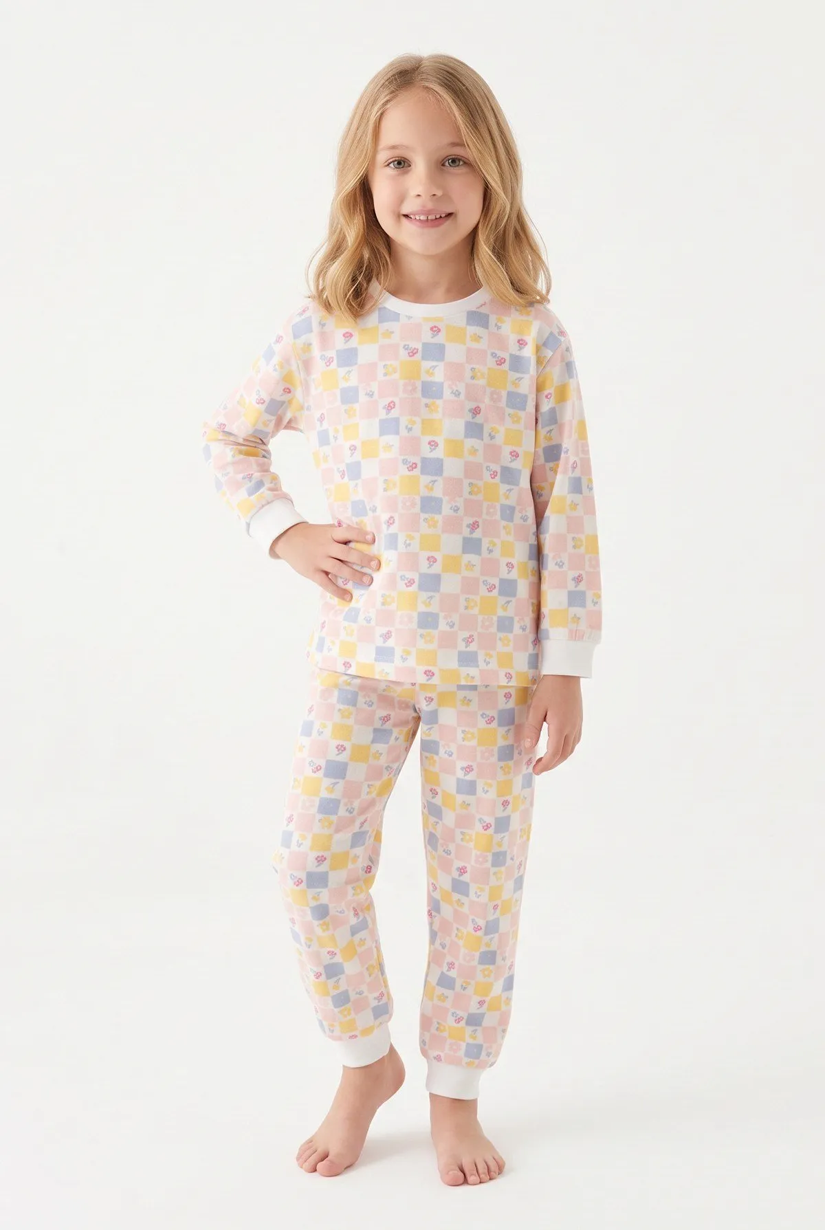 Kız Çocuk Kareli Çiçekli Pamuklu Pijama Takımı - Çok Renkli — görsel 5 · PJ-C5005-CR