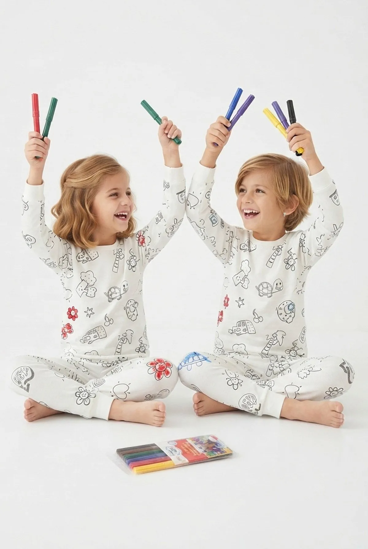 Unisex Çocuk Boyanabilir Desenli Pamuklu Pijama Takımı - Beyaz — görsel 1