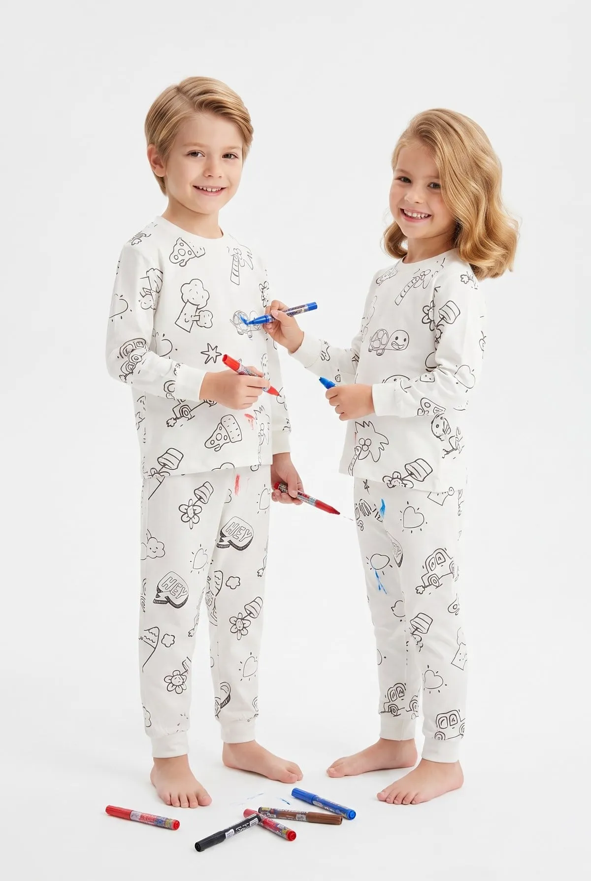 Unisex Çocuk Boyanabilir Desenli Pamuklu Pijama Takımı - Beyaz — görsel 3 · PJ-C1016-BYZ
