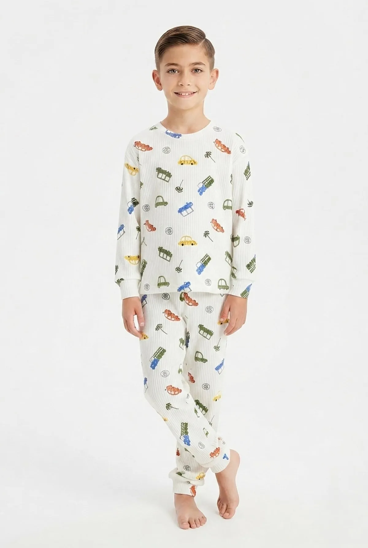 Erkek Çocuk Eğlenceli Araç Baskılı Pamuklu Pijama Takımı - Beyaz — görsel 3 · PJ-61510-BYZ