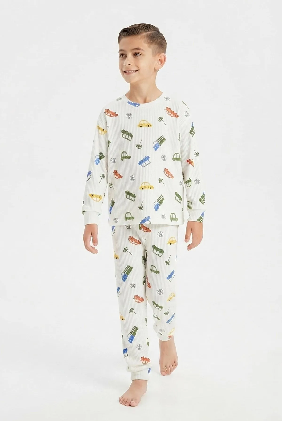 Erkek Çocuk Eğlenceli Araç Baskılı Pamuklu Pijama Takımı - Beyaz — görsel 4 · PJ-61510-BYZ