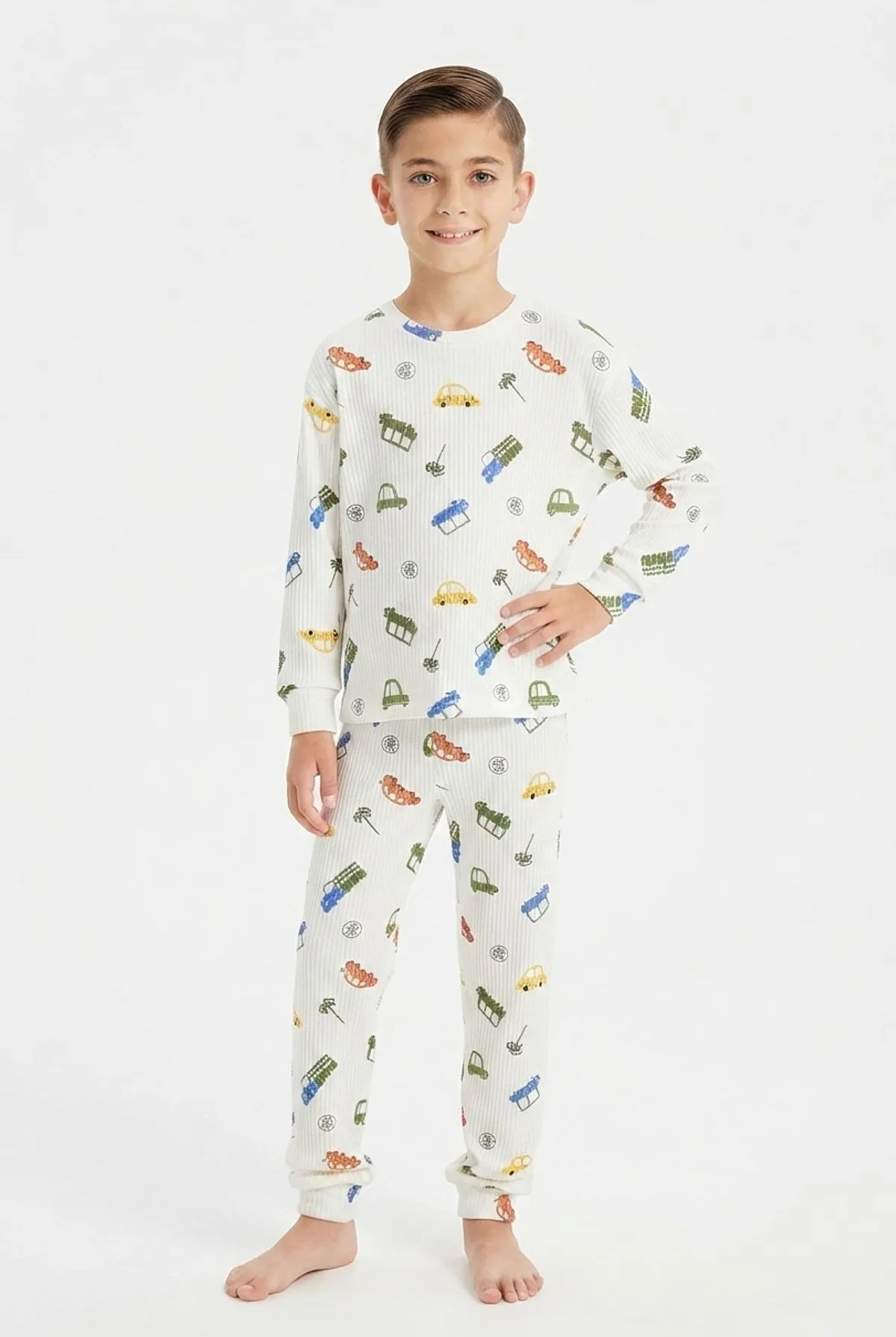Erkek Çocuk Eğlenceli Araç Baskılı Pamuklu Pijama Takımı - Beyaz — görsel 5 · PJ-61510-BYZ