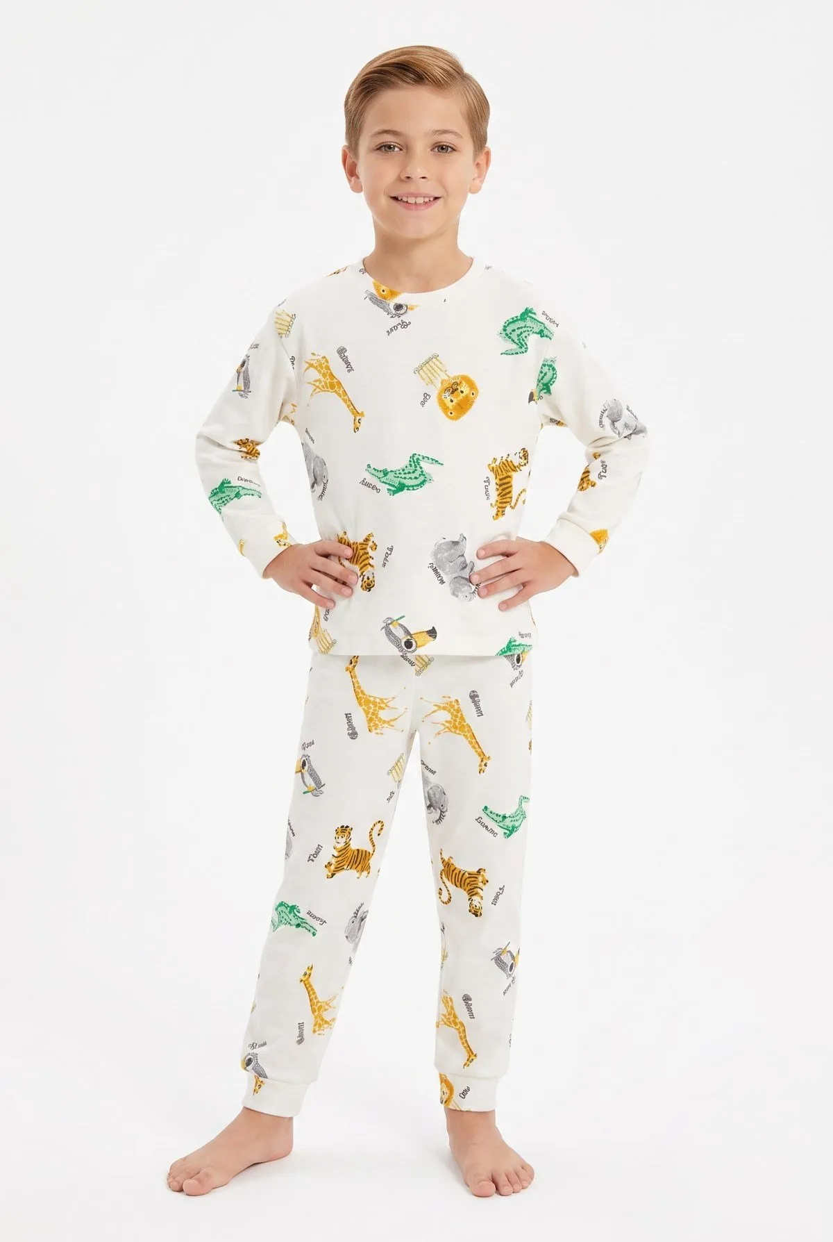 Erkek Çocuk Safari Hayvan Desenli Pamuklu Pijama Takımı - Beyaz — görsel 1