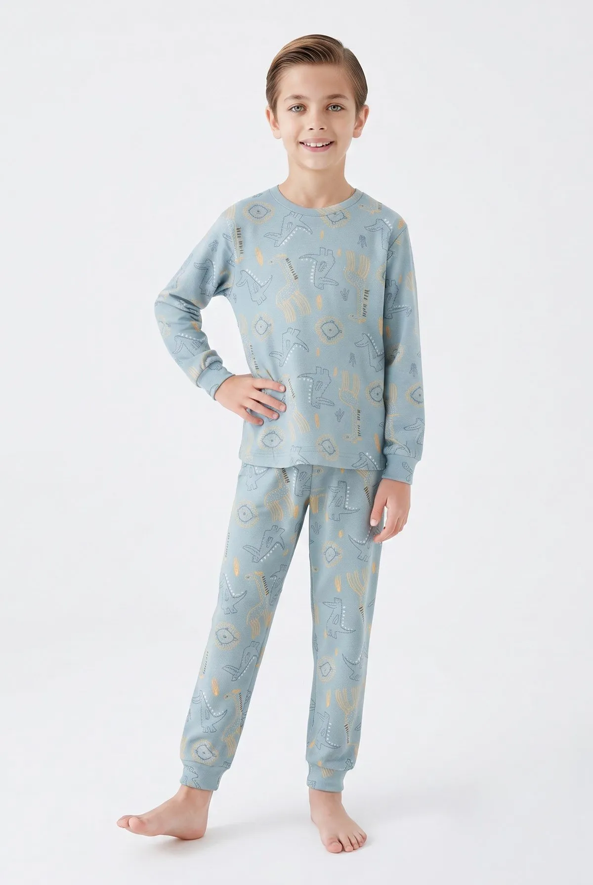 Erkek Çocuk Aslan ve Timsah Baskılı Pamuklu Pijama Takımı - Mavi — görsel 1