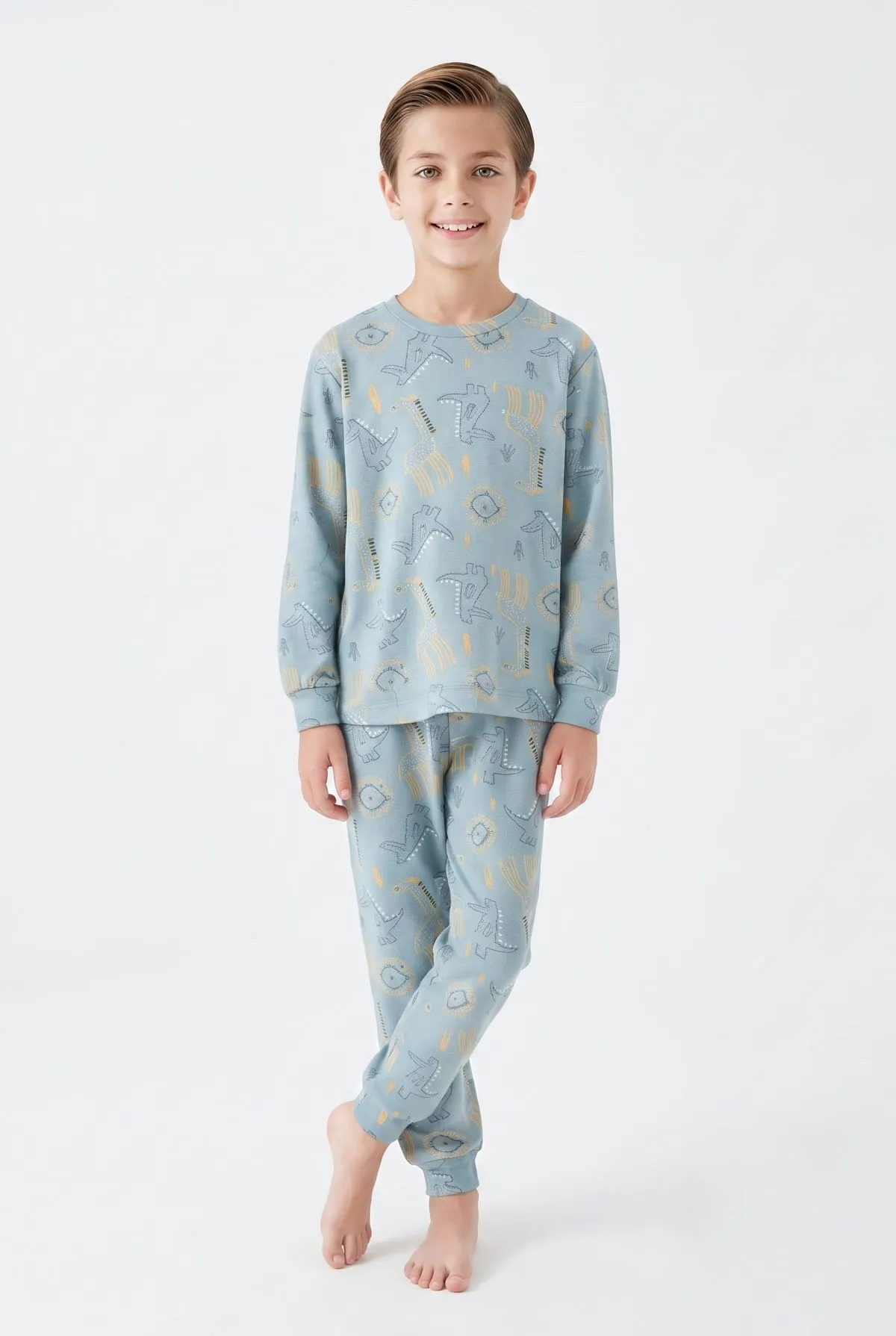 Erkek çocuk aslan ve timsah baskılı pamuklu pijama takımı mavi alt ve üst takım görünümü — Erkek Çocuk Aslan ve Timsah Baskılı Pamuklu Pijama Takımı - Mavi · PJ-61517-MAVI