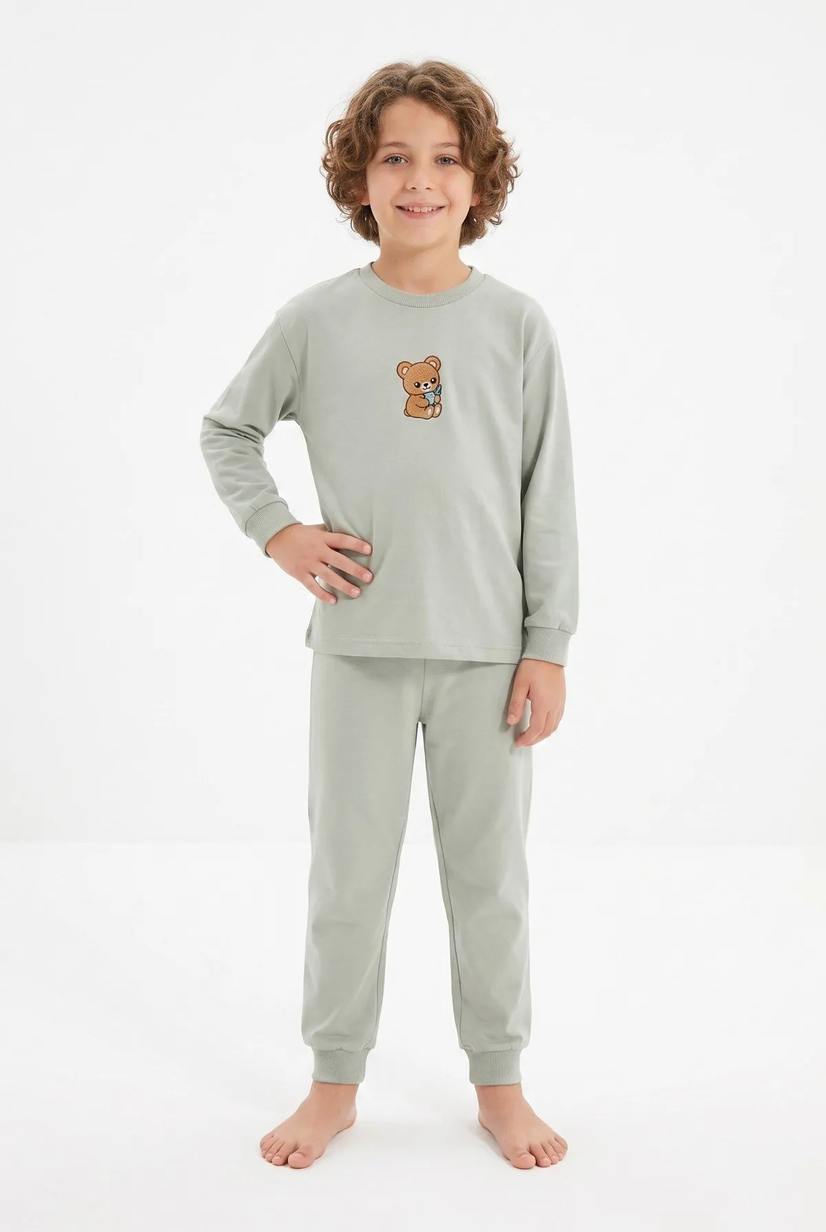 Erkek Çocuk Sevimli Ayıcık Baskılı Pamuklu Pijama Takımı - Yeşil — görsel 1
