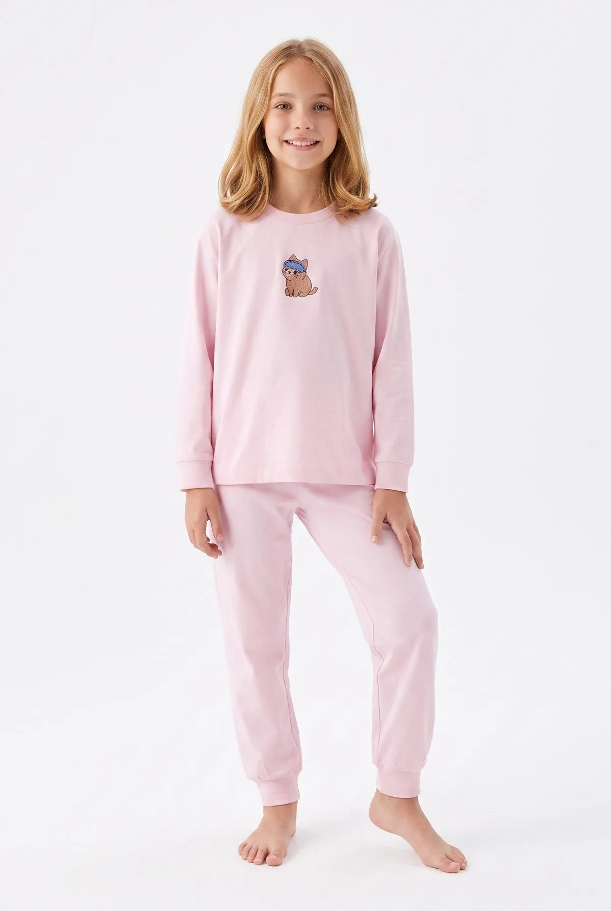 Kız Çocuk Uykucu Kedi Pamuklu Pijama Takımı - Ekru — renk seçeneği