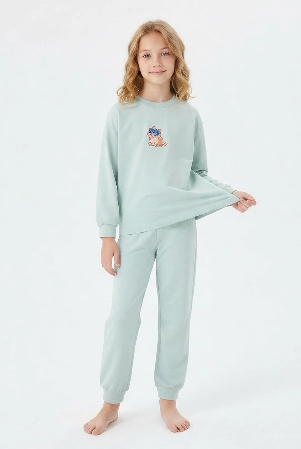 Kız Çocuk Uykucu Kedi Pamuklu Pijama Takımı - Ekru — renk seçeneği