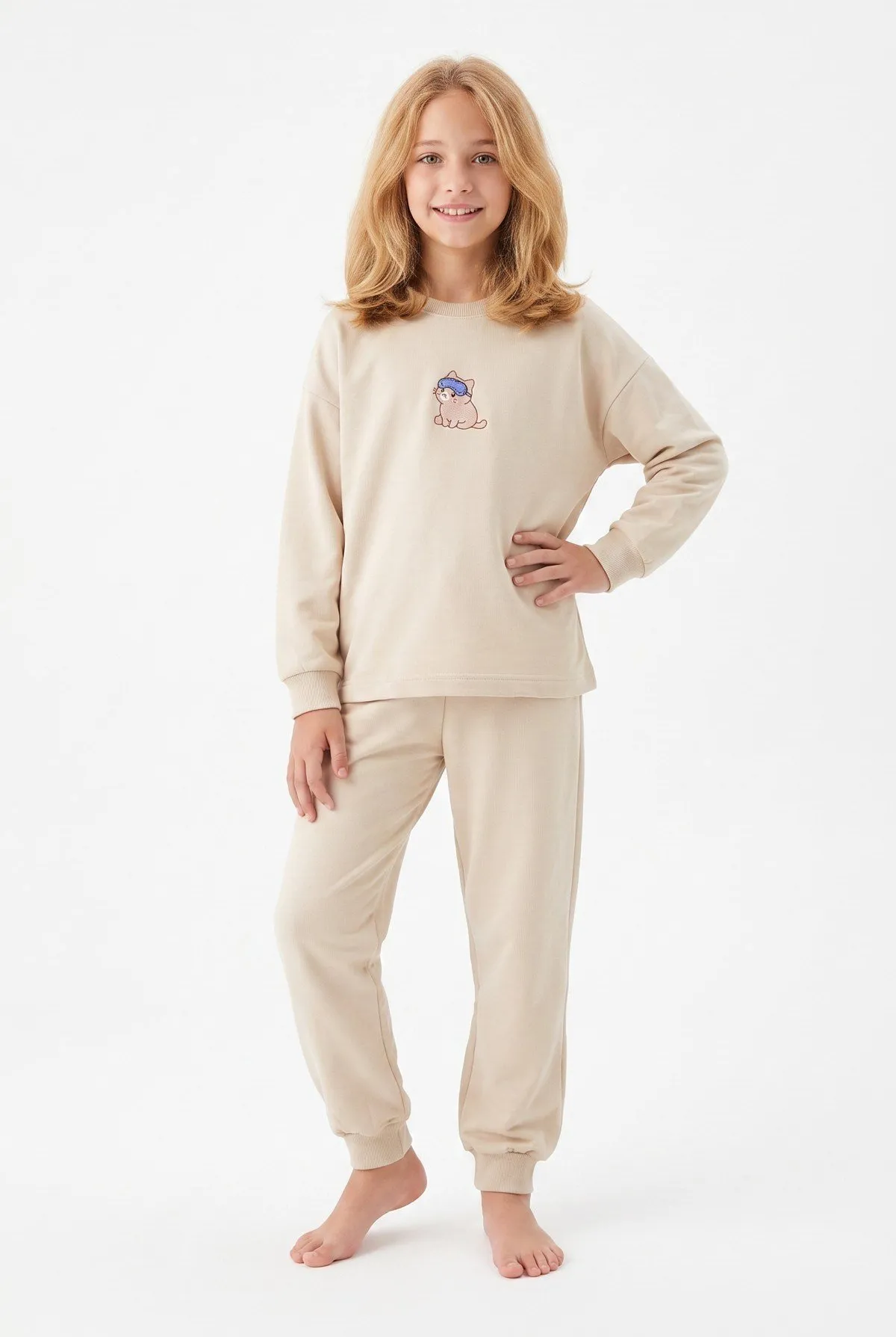 Kız Çocuk Uykucu Kedi Pamuklu Pijama Takımı - Ekru — görsel 1