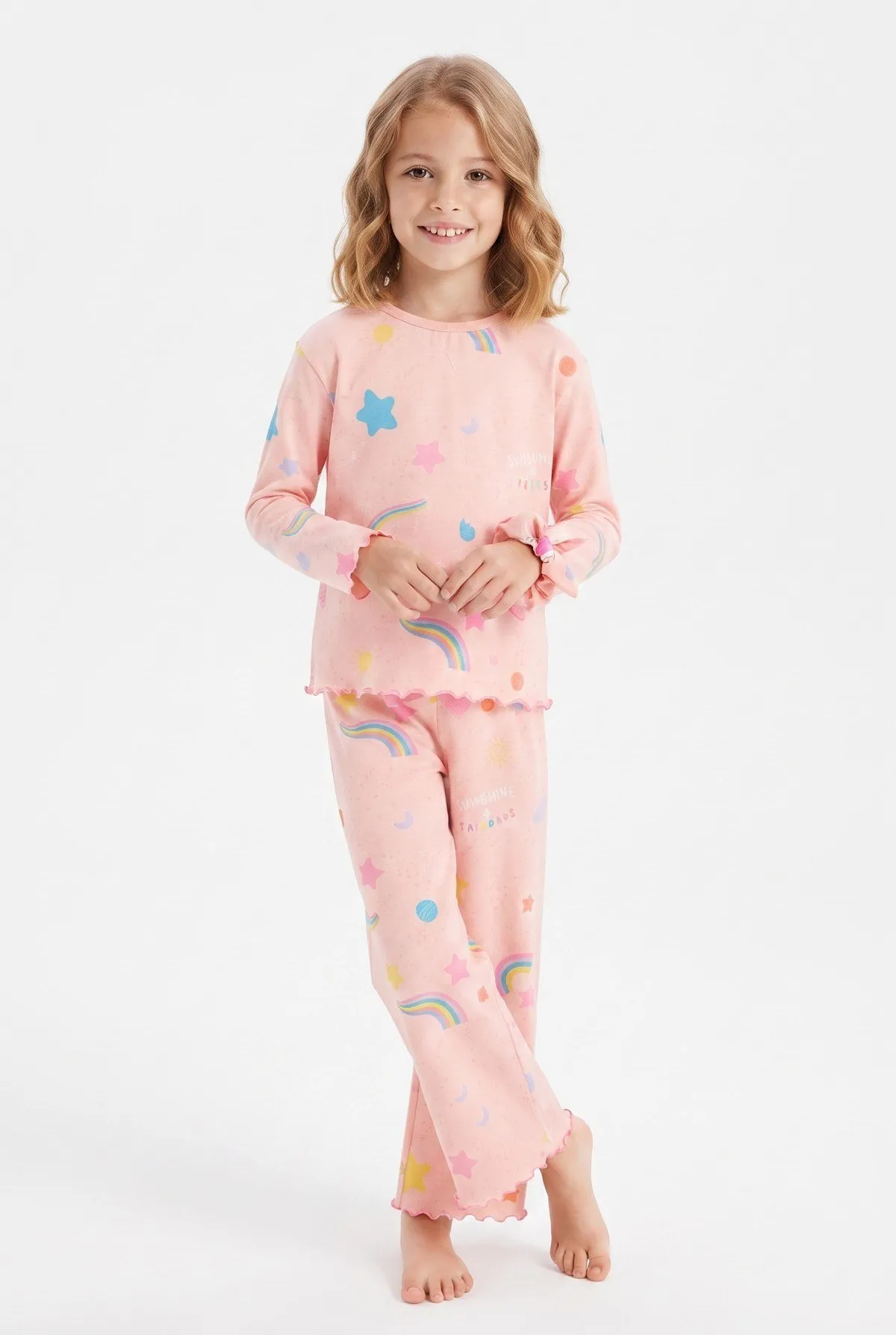 Kız Çocuk Gökkuşağı ve Yıldız Desenli Pamuklu Pijama Takımı - Pembe — görsel 1