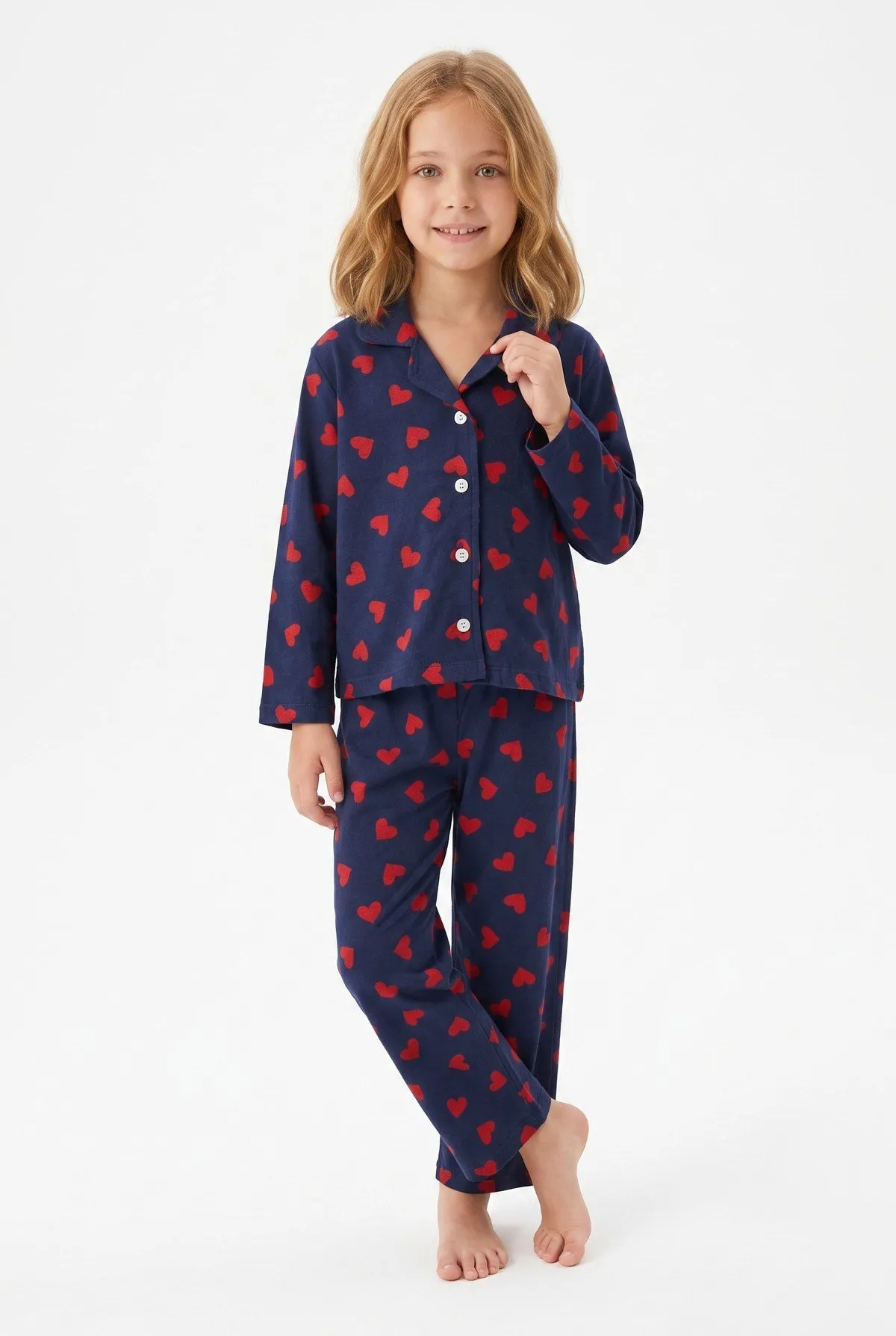Kız Çocuk Düğmeli Kalp Baskılı Pamuklu Pijama Takımı - Lacivert — görsel 1