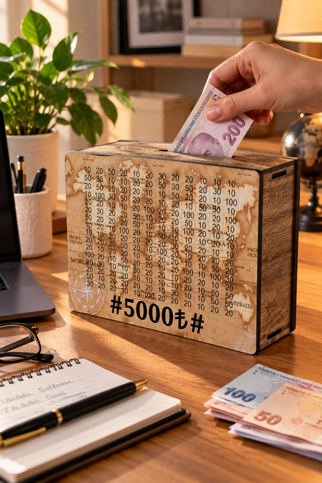 5000 TL Birikim Hedefli İşaretlemeli Para Biriktirme Ahşap Kumbara — görsel 1