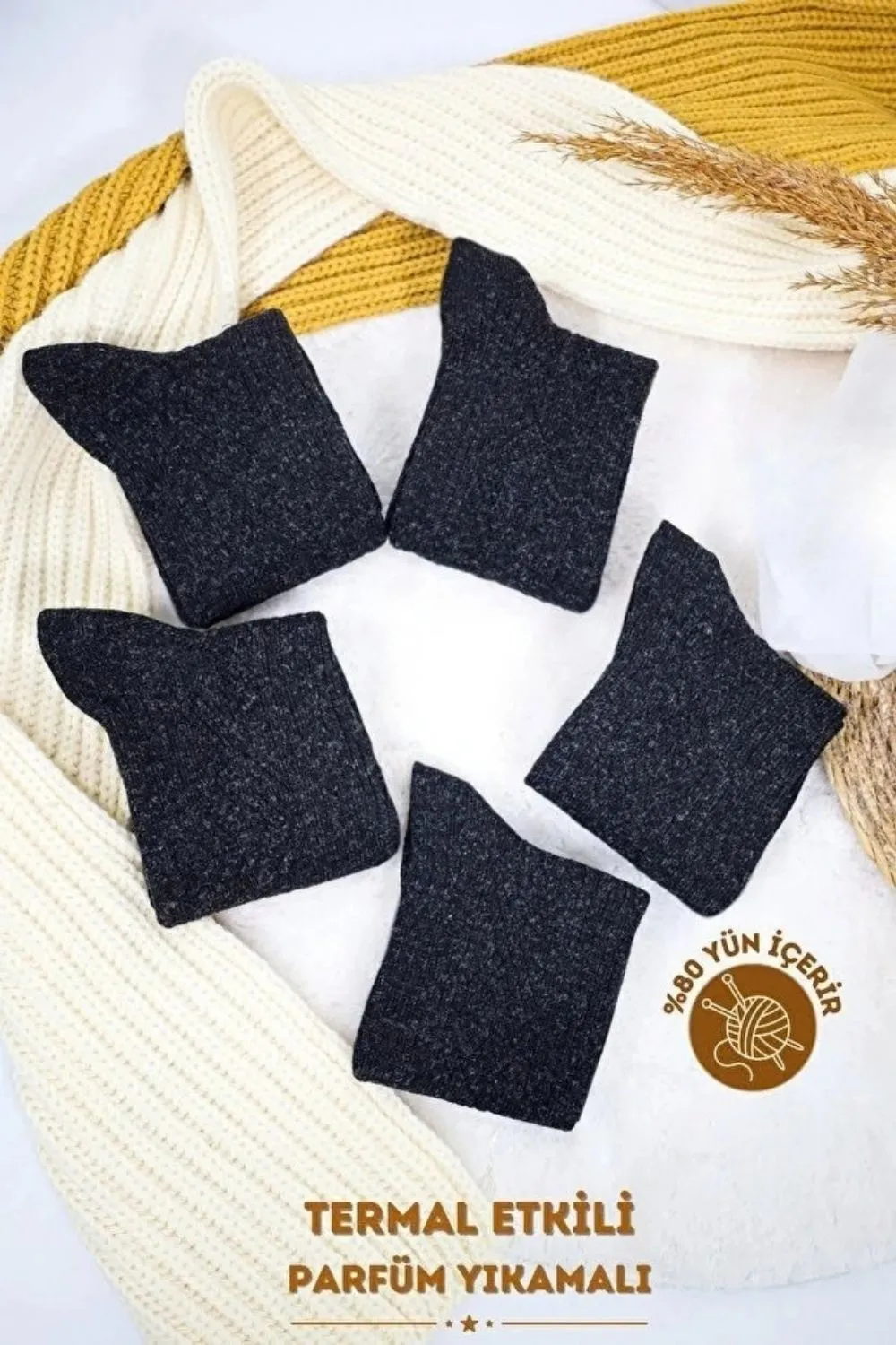 Erkek Kışlık Termal Lambswool Yün Çorap 5 Çift Siyah · MK-CRP100003