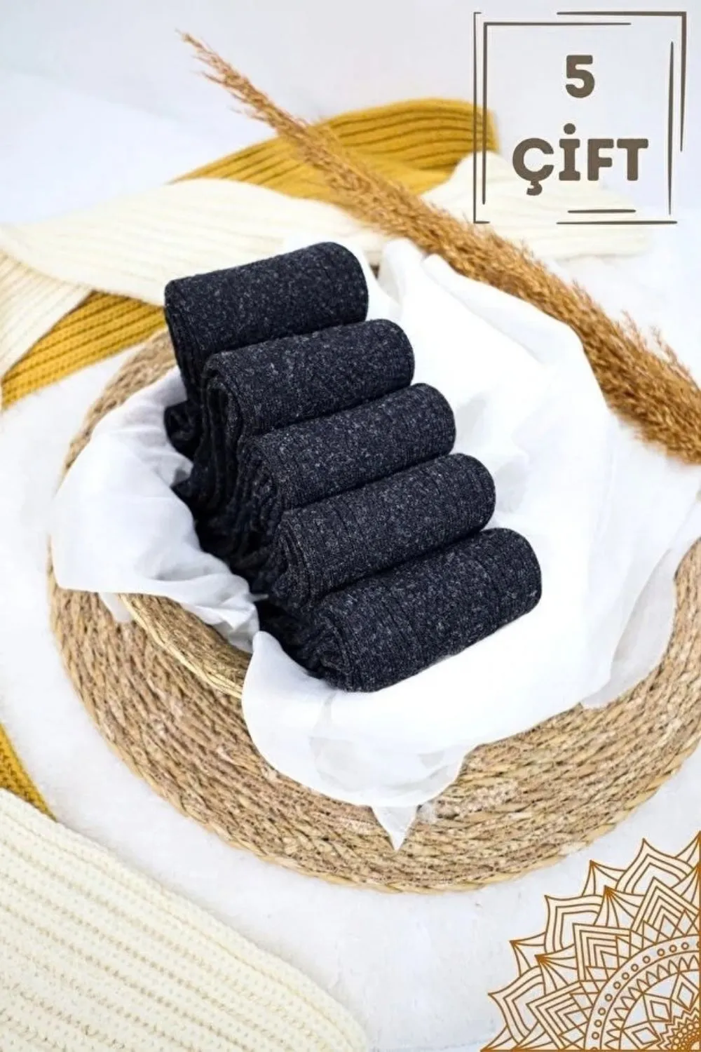 Erkek Kışlık Termal Lambswool Yün Çorap 5 Çift Siyah · MK-CRP100003